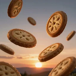 cookies floating, sunset backdrop, hd photo