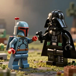 Boba Fett made of Legos fighting Darth Vader as a Minecraft Skin in a field, dramatic lighting photo