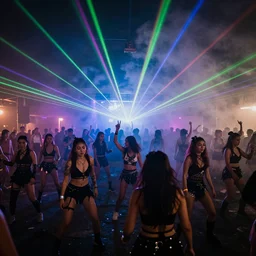 large group of women clothed at a rave. Lasers. Smoke. Dancing. Photograph