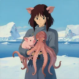 a tall emo girl holding a cephalopod and a piglet in antarctica, pigs, acrylic on canvas, surrealist, by studio ghibli