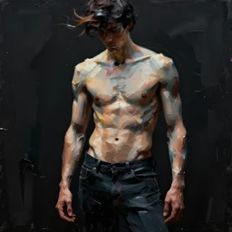 abstract, a thin, athletic physique man's body made of abstract, thick flowing dramatic brush strokes, no face, strong wind, black background, matte colors, impressionist, extreme motion, trending on artstation