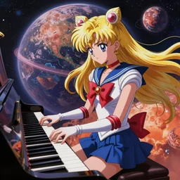 sailor mars play in piano in cybernetic planet mard, background sweet planet mars, anime art, unreal render, hyper detailed drawing, intricate, anime key visual, manga, digital painting, artstation, hard focus, symmetry, illustration, landscape