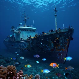 a shipwreck as a home of different types of fish glowing in the ocean