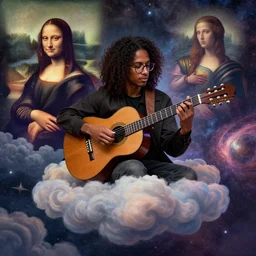 a young black man with long curly hair wearing glasses, playing guitar on cosmic cloudscape, italian futurism, Dan Mumford, da vinci, Josan Gonzalez