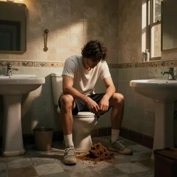 hyper realistic image of pubg in the bathroom sitting and pooping