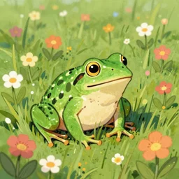 a frog in a prairie full of flowers, greg hildebrandt style