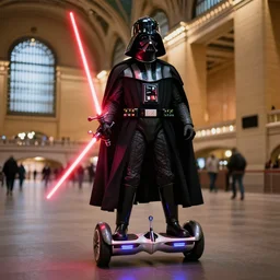 a photorealistic photograph of darth vader riding a hoverboard through grand central station. he is holding a bright red lightsaber. illuminated scene. fine detail. this 4 k hd image is trending on artstation, featured on behance, well - rendered, extra crisp, features intricate detail, epic composition and the style of unreal engine.