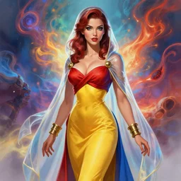 Full portrait of Elementalist, female, gorgeous, beautiful face, Red and blue garments, yellow robes, brass bracelets, transparent cloak from neck to ankles, pin-up, multi element background, highly detailed, smooth, sharp focus, digital painting, illustration, by by Albert Aublet, Krenz Cushart, WLOP and Sakimichan, artstation