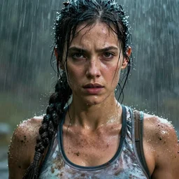 candid action photographic portrait muscular sweat lara croft, covers with mud exhausted face close up, highly detailed, moody emotional cinematic, pouring iridescent rain, 8 k, hd, high resolution, ultra realistic faces 8 k