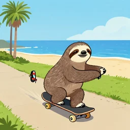 hipster drawing of a sloth riding a skateboard on pathway going to the beach