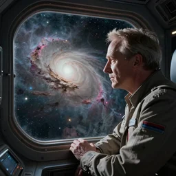 patrick stewart in interior of a spaceship, looking out of the window at a nebula