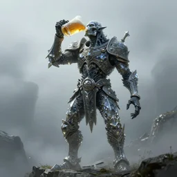 crystal golem drinks beer, beer, glass, beer mug in hand, intricate, triumphantly, foggy background, full body art, dark souls, drawing, concept art, artstation, digital painting