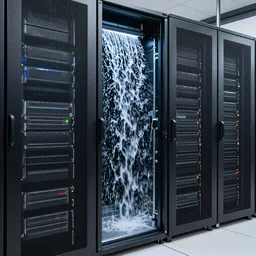 data center, servers, waterfall on the background, photo, high quality,