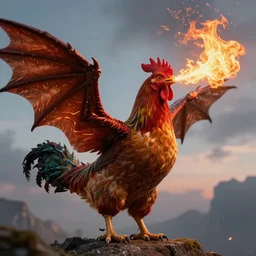 a chicken with dragon wings and a spiked tail, breathing fire into the sky