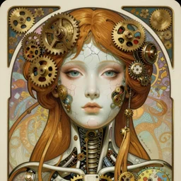 A close-up portrait of a beautiful female android wearing an intricate cracked porcelain face by Alphonse Mucha, exposed endoskeleton, bright eyes, steampunk, gears, art nouveau card, concept art, wlop, trending on artstation
