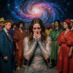 an anxious woman wrapped in wire, surrounded by a crowd of colorfully dressed people, a background of exploding nebulas, by caravaggio