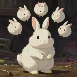 a fluffy bunny, ideas floating around above its head,  Aesthetically pleasing, digital concept art background by Hayao Miyazaki and Studio Ghibli, fine art, official media, high definition, illustration, ambient lighting, HDR, HD, UHD, 4K, 8K, cinematic, high quality scan, award winning, trending, featured, masterful, dynamic, energetic, lively, elegant, intricate, complex, highly detailed, Richly textured, Rich vivid Color, masterpiece.