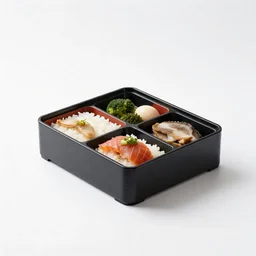 japanese bento box, commercial catalog photo, isolated on a pure white background, centered, entire object in frame, sharp focus, soft studio lighting