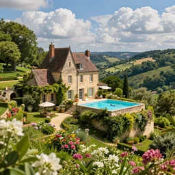 award winning photo of an ultra detailed high quality!! an old house with swimmingpool on the hills in the dordogne in france, fluffy clouds. summer. highly detailed, trees and flowers, depth of field, beautiful landscape, me swimming there
