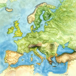 aerial map of a realm with distinct biomes, illustration by moebius and thomas kinkade