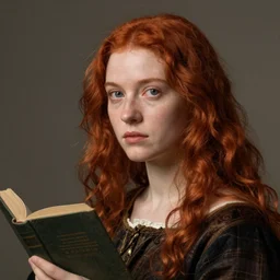 hyper realistic, full perfect face, realistic, highly detailed background, can see a waist - length body, sitting and holding a book in his hand, photography beautiful girl, face tamzin merchant, red hair, style of hypermannerism, ubaldo bartolini