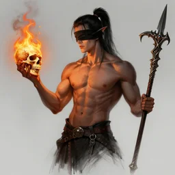 concept art sketch, demonic muscular shirtless male night elf blindfolded with a black ponytail. in one hand he holds a flaming skull, in the other hand he holds an ornate enchanted scythe. trending on artstation, high quality concept art