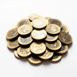 carbon fiber pile of gold coins, high detail macro photography, isolated on a pure white background, centered, entire object in frame, sharp focus, soft studio lighting