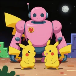 pikachu battles a giant pink robot in the style of old 8 - bit video games