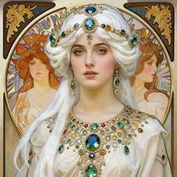 a beautiful white haired woman, adorned with precious stones, by jeremy mann and alphonse mucha