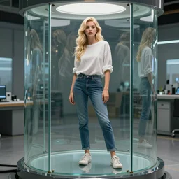 a beautiful artwork of a blonde girl with a casual shirt and jeans standing inside a machine made of glass by Jerome Opeña, featured on artstation