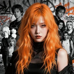 highly detailed portrait of a moody post - cyberpunk wavy ginger haired young lady, by atey ghaila, james gilleard, by joe fenton, by greg rutkowski, by greg tocchini, by kaws, by kate beaton, by kaethe butcher, 4 k resolution, nier : automata inspired, bravely default inspired, gradient orange, black and white color scheme!!! ( ( graffiti tag wall background ) )