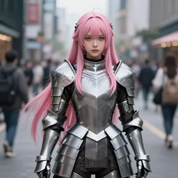 a masterpiece ultrarealistic ultradetailed photograph of a lifelike real anime girl that is dressed in steel plate armor, long pink hairs, on a busy city street, photoreal image, art by wlop, photoreal, highly rendered, blender, unreal engine, readable, extremely detailed, trending on artstation, sharp focus, 4 k, by artgerm