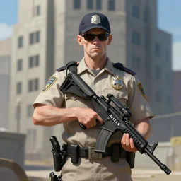 pale zombie police officer single in beige uniform with background burtalist concrete building by greg rutkowski trending on artstation digital painting highly detailed 4 k 8 k hd holding bullpup