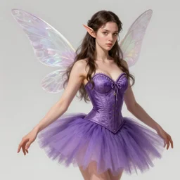 brunette elf with fairy wings, wearing purple corset and ballet skirt, d & d, fantasy, highly detailed, digital painting, trending on artstation, concept art, sharp focus, illustration, art by artgerm and rosstran