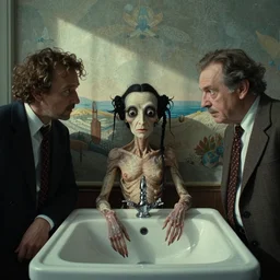 the strange creature in the sink, they look at me, film still from the movie directed by wes anderson and david cronenberg with art direction by salvador dali and zdzisław beksinski, wide lens