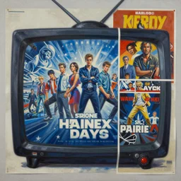 oil painting of large overlapping tv show posters on a wall, blue, messy, highly detailed, stylized