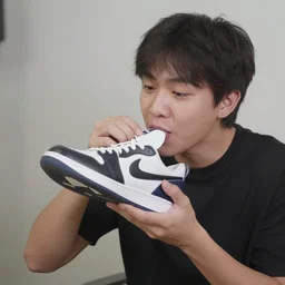 Screencap from a mukbang video where a Filipino teenager eats a pair of sneakers