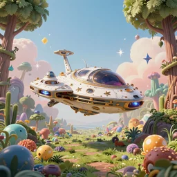 A fancy alien spaceship on a magical biome of oddities, magical plants and trees, goofy, sparky, positive vibes, behance, artstation, unreal render, unreal engine 5, ornate, intricate, elegant, symmetrical, cinematic, volumetric, octane, smooth, 8k