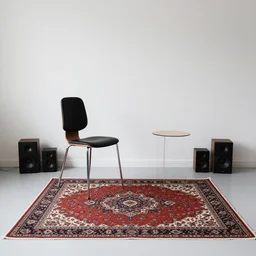 a room with a chair, a table, few speakers and a persian carpet on the floor, unsplash, postminimalism, aesthetic
