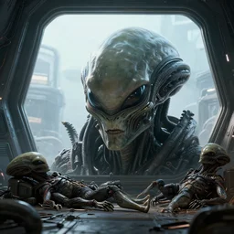 aliens brainsuckers warriors dead bodies laying near the giant window inside ufo, masterpiece. rendered in blender, ultra realistic, smooth shading, ultra detailed, high resolution, cinematic, unreal 6, perfect face, cyberpunk, fine details, studio lighting, subtle shadows, art by katsuya terada, photorealism, hyper realism, octane render, hyper detailed, canon eos r 3, f / 1. 4, iso 2 0 0, 1 / 1 6 0 s, medium shot, 8 k, raw, unedited, in - frame,