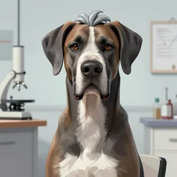 A great dane dog depicted as a mad scientist with grey hair, digital art, trending on artstation