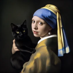 protrait by vermeer of a lady holding a black cat