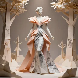sculpture of a beautiful young female super model resembling rupaul charles made out of origami paper and ceramic wearing a peach tissue paper and silver geometric gown by marc jacobs, paper graffiti, trees made out of origami, ethereal, fantasy, lawrence alma tadema, james jean, oozium, peter morbacher, angelarium, alchemy, luxury, heavenly light, soft illumination, cinematic lighting, very detailed, 3 d octane render, artgerm, trending on artstation, cgi society