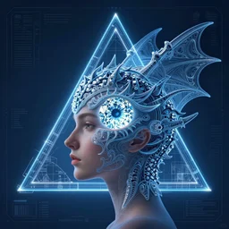 portrait of triangle and dragon shaped head with single centered giant diamond eye, in the style of Greg Broadmore and Arthur Rackham,trending on artstation, light lighting side view,digital art,surrealism ,macro,blueprint ,vaporwave ,