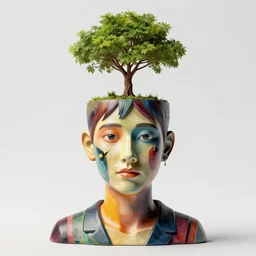 a facestatue little tree growing out of head, beeple and james jean, aya takano color style, 4 k, super detailed, modern, 4 k, symmetrical