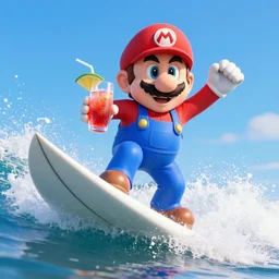 mario surfing while drinking a cosmo, professional high quality 4 k render tight action shot heart pounding intense lighting