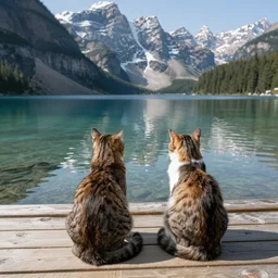 two cats staring off into the distance on a wooden dock, in the background is a beautiful view of a crystal clear lake and a mountain range