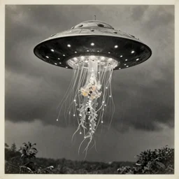 jellyfish flying saucer in a thunderstorm, old photograph