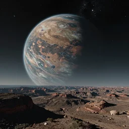 of a sci fi landscape, double exposure of a planet in the atmosphere