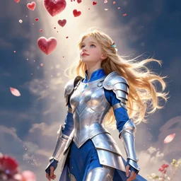 movie poster of young blonde girl in blue and white armor, high fantasy, falling hearts and flower petals, intricate detail, digital painting, artstation, concept art, smooth, sharp focus, illustration, cosmic energy by yoshitaka amano, Hiroshi yoshida, moebius, artgerm